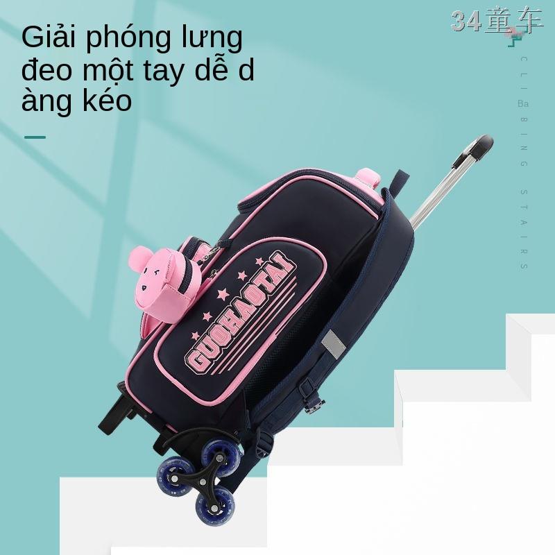 Ltrường tiểu học xe đẩy trẻ em schoolbag nữ 1-3-6 lớp lớn khả năng phòng hộ chống thấm nước sườn núi sáu bánh xe có thể