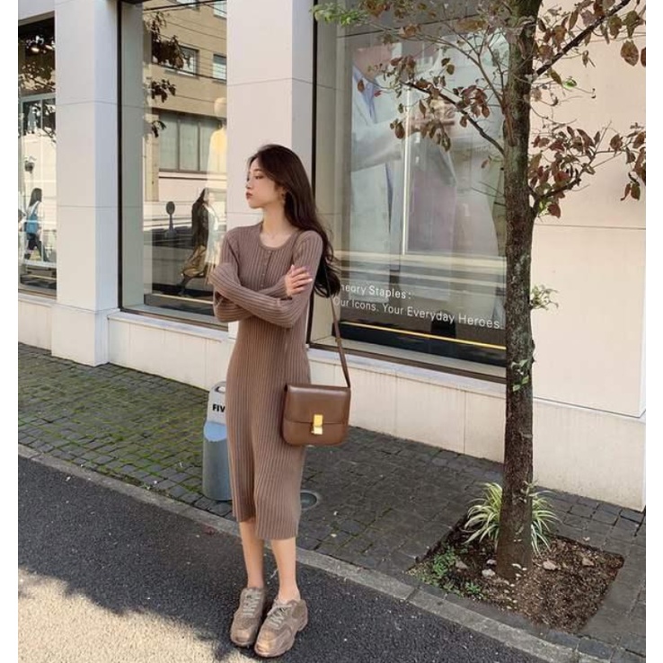 Váy len thu đông cổ tròn dáng suông dài chất liệu dày dặn mẫu mới