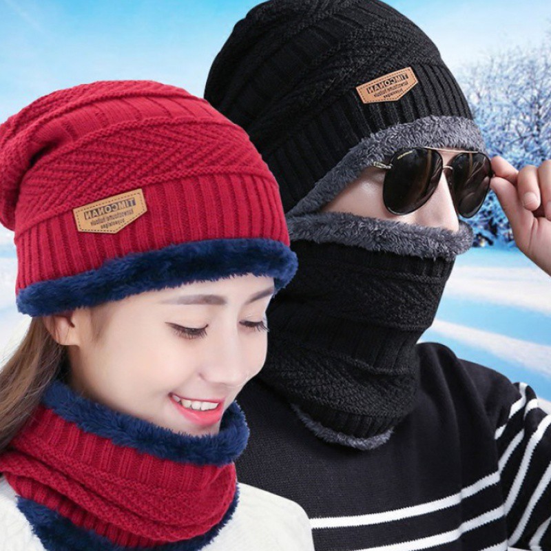 Sét mũ len kèm khăn lót lông Nam Nữ, Mũ len kèm khăn quàng cổ phong cách Hàn Quốc siêu ấm