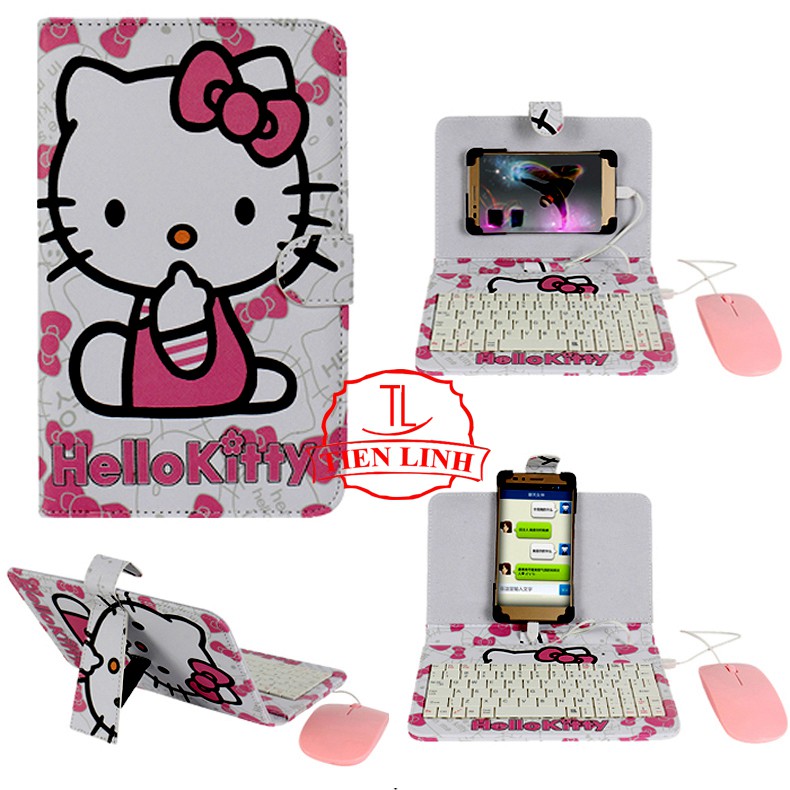 Combo bao da bàn phím + Chuột + Lót chuột cho điện thoại, máy tính bảng từ 4 đến 8 inch hình HELLOKITTY ÔM GẤU