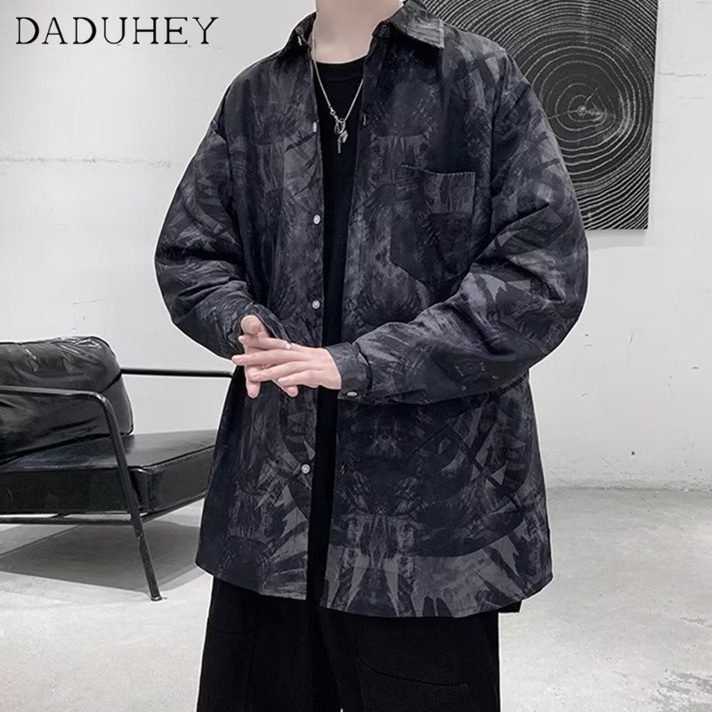 DaDuHey Men's Autumn Hong Kong Style Trendy Printed Long-Sleeved Shirt Trendy Fashion Loose Casual Top