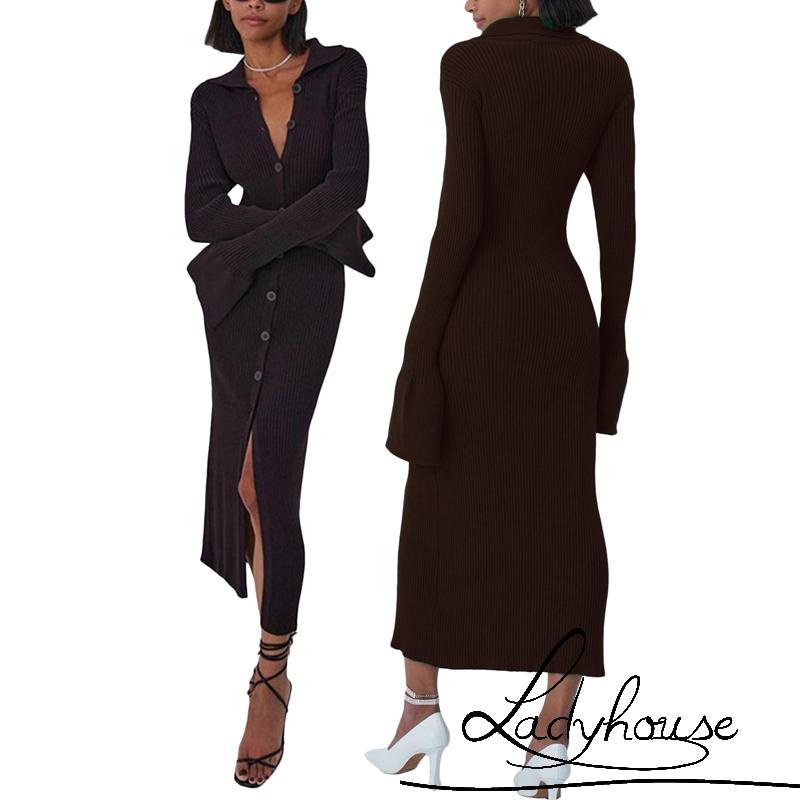 Ld-đầm Cổ Bẻ Một Mảnh Tay Dài Màu Trơn Thời Trang Xuân Thu Dành Cho Nữ Size S/M/L