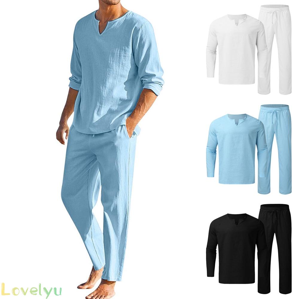 &lt;READY STOCK&gt;Men Shirt Pants 2-Pieces Set Cotton Linen Long Sleeve Solid Color V Neck100% brand new！