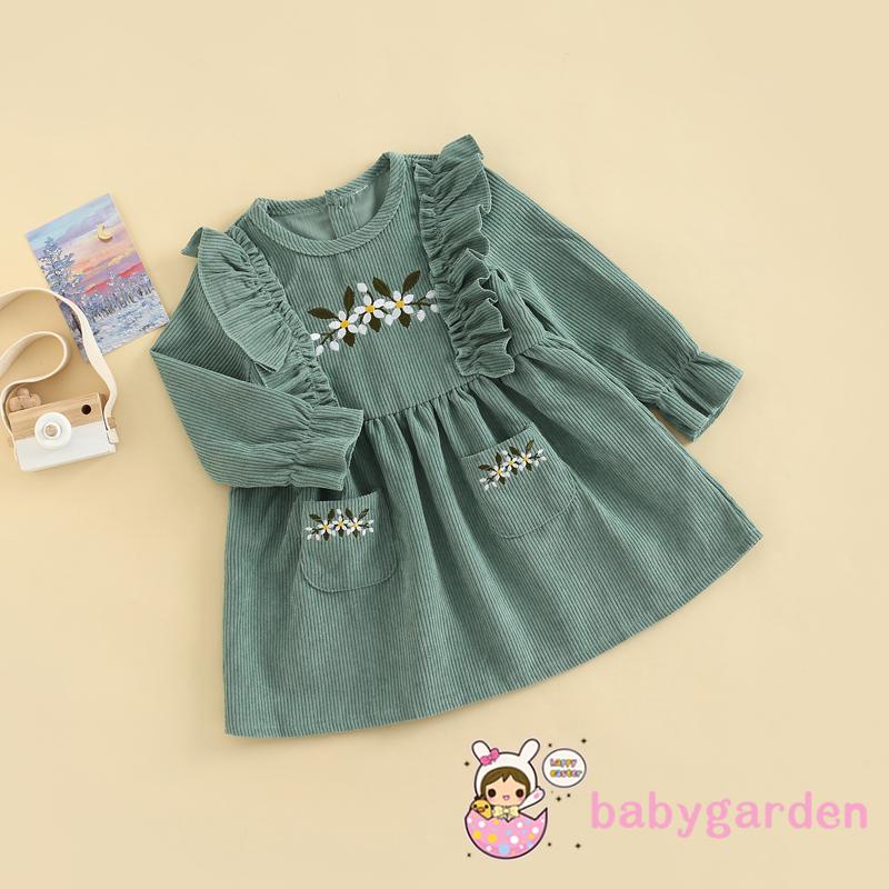 Đầm Chữ A Tay Dài Cổ Tròn Thêu Hoa Thời Trang Xuân Thu Cho Bé Gái 3-7 Tuổi