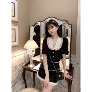 SET ÁO CROPTOP ĐEN VIỀN TRẮNG CỔ SEN+ CHÂN VÁY VIỀN REN