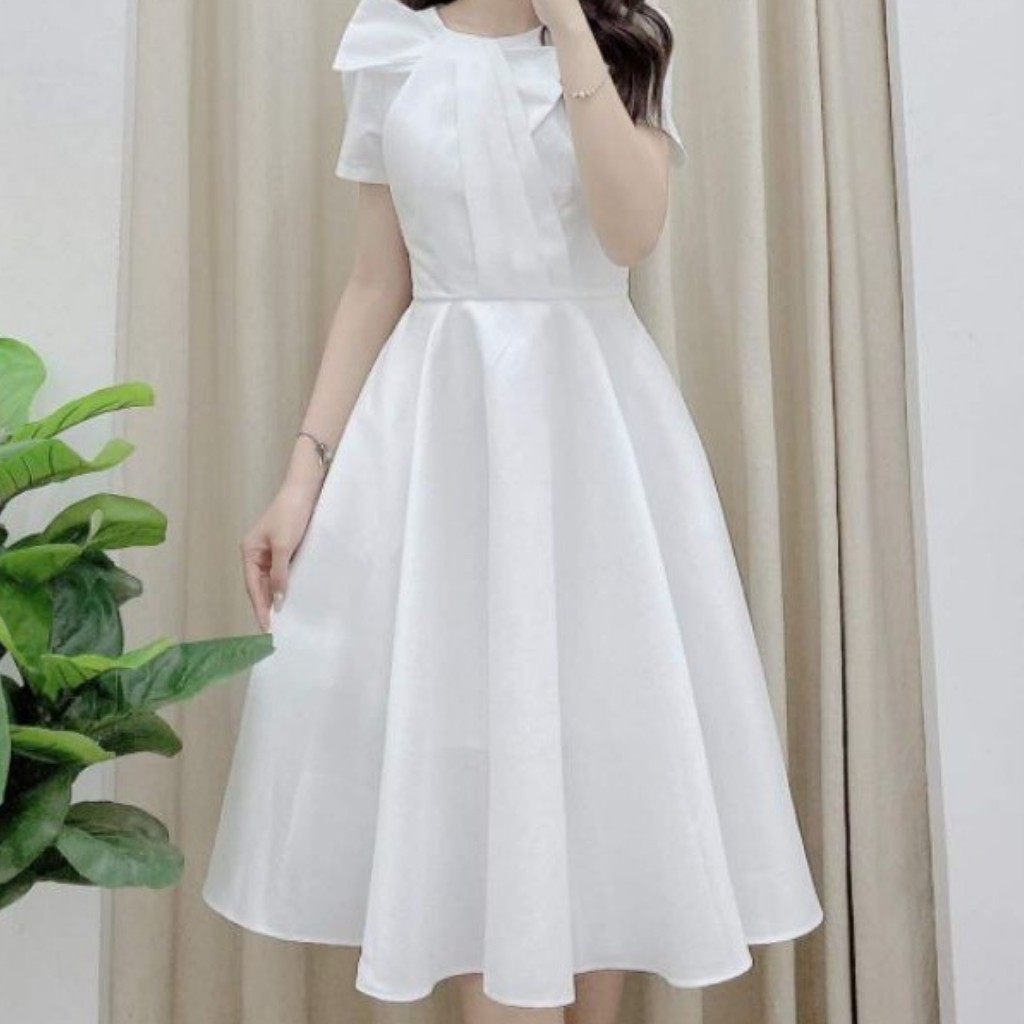 Đầm dự tiệc xòe nơ cổ sang trọng quý phái | BigBuy360 - bigbuy360.vn