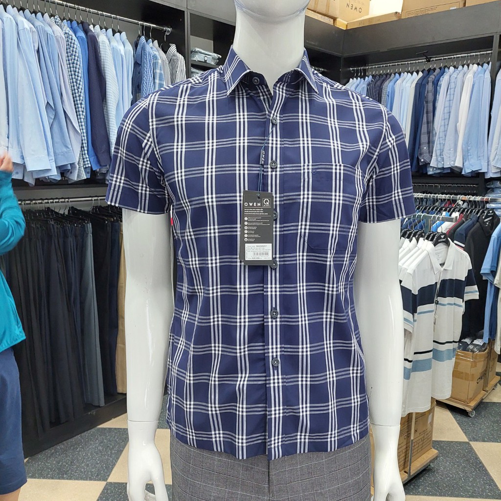 Áo Sơ Mi Nam Ngắn Tay Owen BA20652NT Somi Cộc Tay Công Sở Cao Cấp Kẻ Caro Xanh Navy Chất Sợi Sen Dáng Body Fit Tà Bằng