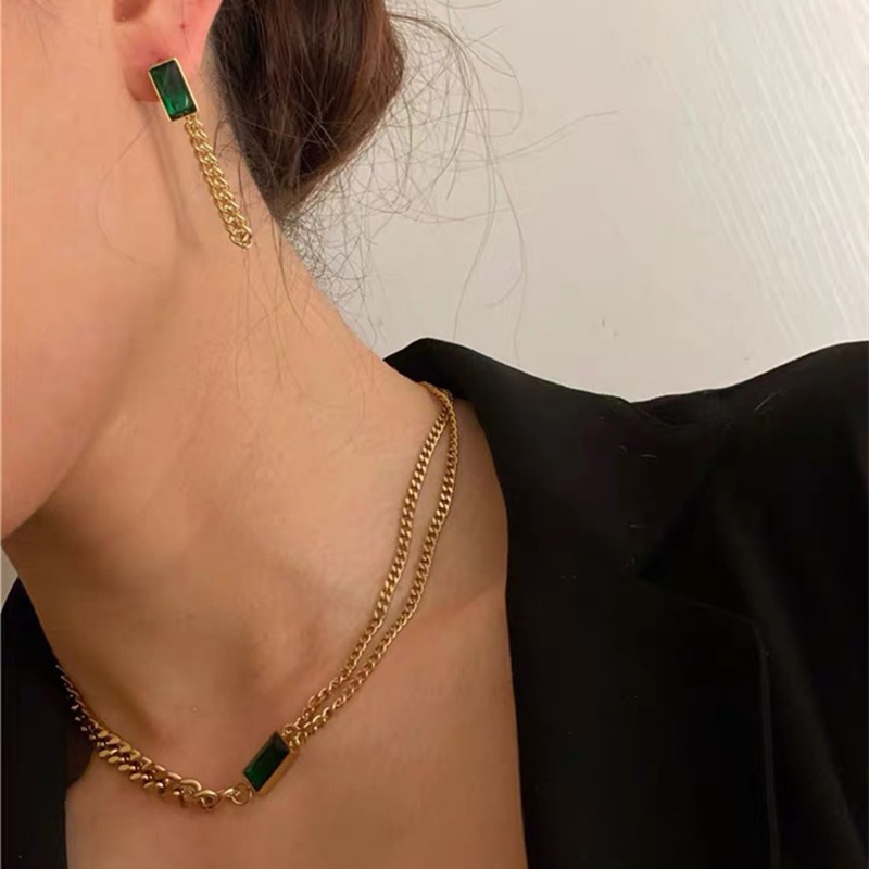Bộ Vòng cổ + Bông Tai + Vòng Tay Hợp Kim Đính Đá Zircon Màu Xanh Lá Thời Trang Cho Nữ