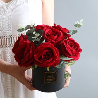 Hoa Decor - Bình Hoa Hồng Lụa Decor Cao Cấp, Gồm 7 Bông Lớn Y Hình, Lọ Gốm Chịu Nhiệt, Phong Cách Châu Âu Sang Trọng