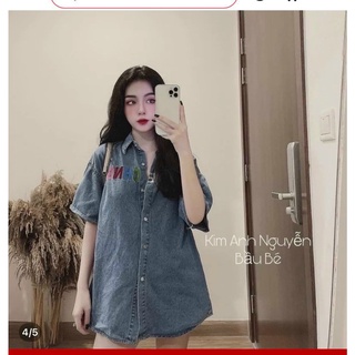 Áo sơ mi jean thêu chữ ngực tim đỏ cá tính
