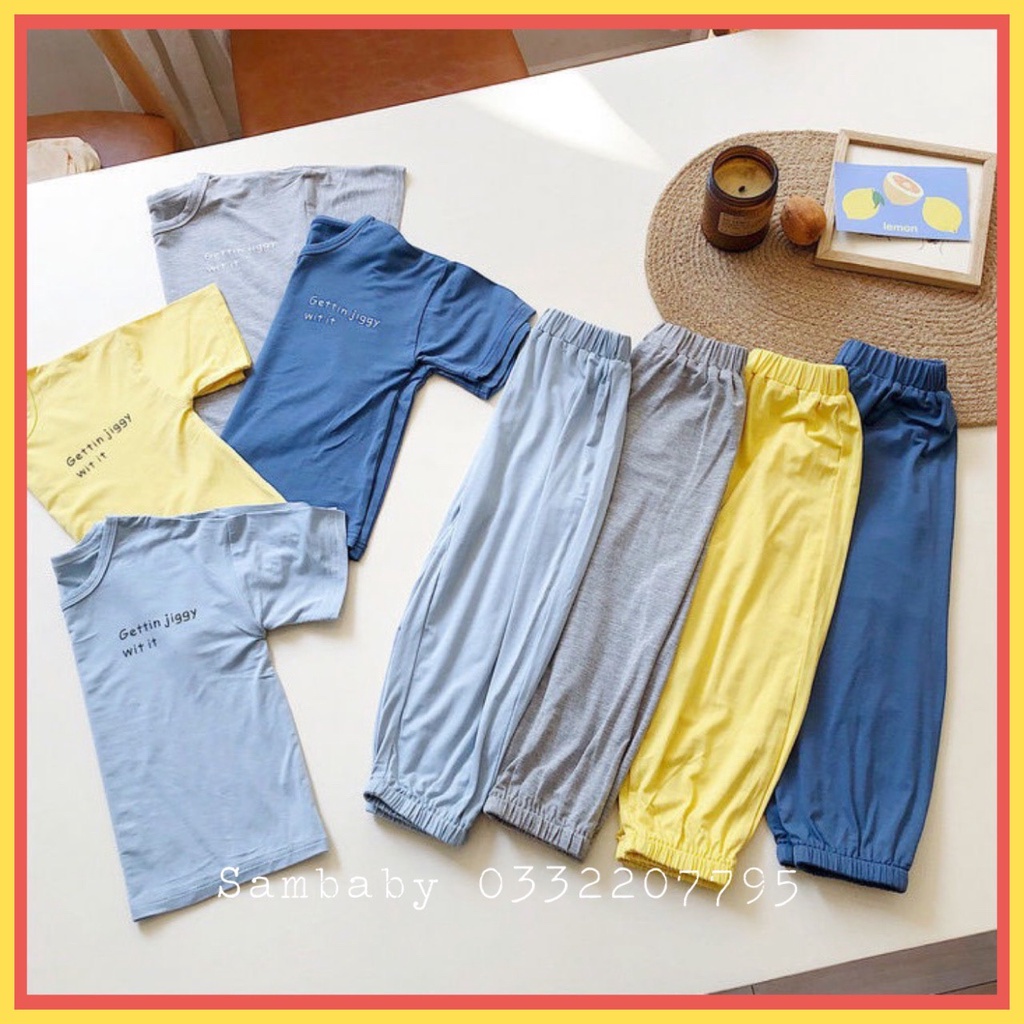 Bộ Cộc Tay Quần Dài Chất Thun Lạnh Minky Mom In Chữ Kiểu Dáng Alibaba Cho Bé Size 6-18kg
