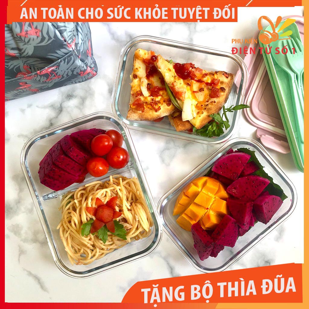 Bộ hộp cơm thuỷ tinh [ Tặng bộ đũa thìa + túi giữ nhiệt ] 1 hộp chia 2 ngăn và  1 hộp lớn 1 ngăn