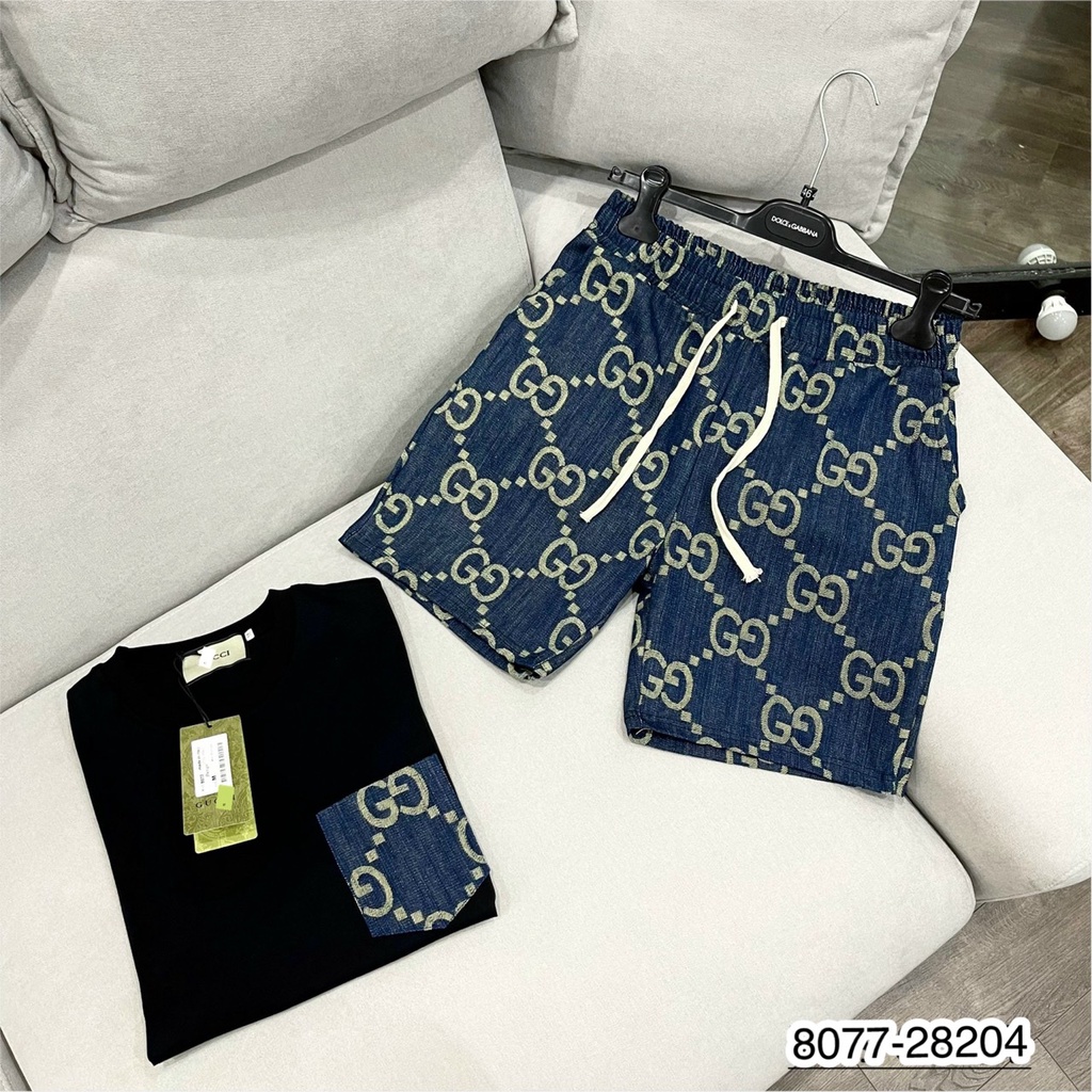 Bộ Quần Áo Nam GC Chữ thêu 100% cotton cao cấp. Bộ cộc nam GC túi ngực quần xanh thêu chữ siêu chất