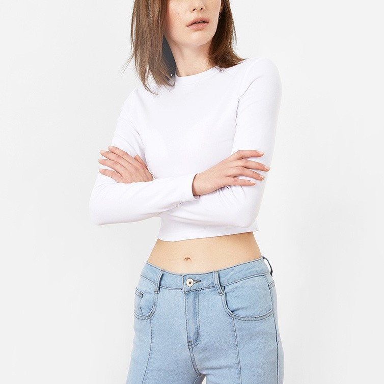 Áo thun gân cổ tròn tay dài dáng croptop hiện đại Liola 2020 ( hàng đẹp)