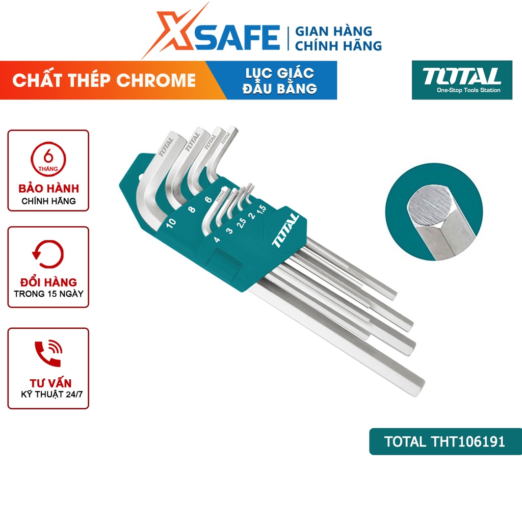 Bộ chìa lục giác đầu bằng TOTAL THT106191 chắc chắn, không rỉ sét Lục giác tôi luyện thép Cr-V bền bỉ, nhỏ gọn