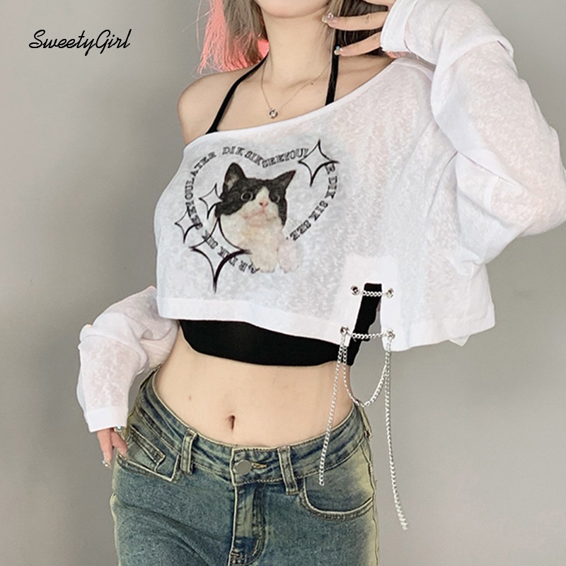 Bộ Áo Trễ Vai Tay Dài Dáng Rộng In Hoạt Hình Mèo Phối Màu Tương Phản Thời Trang 2022 Cho Nữ