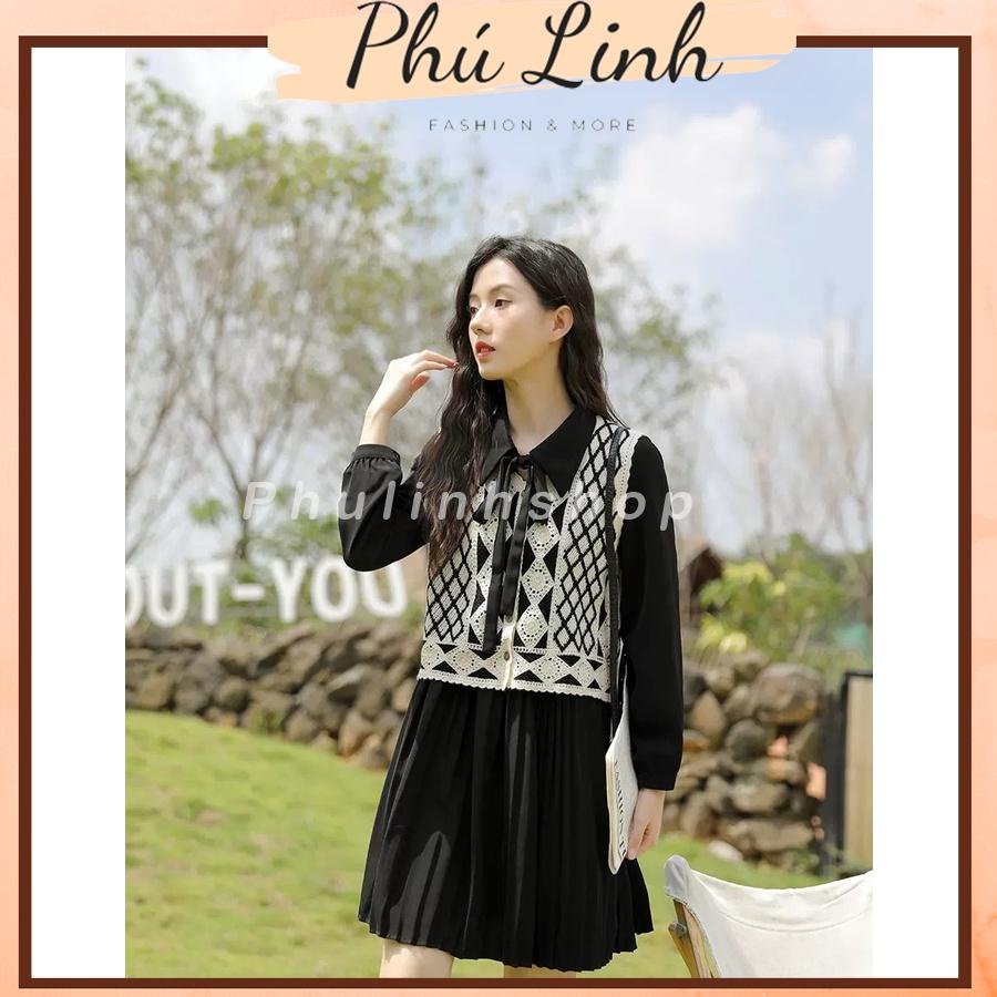 MS583 Áo gile đan móc hoạ tiết mix váy áo vintage