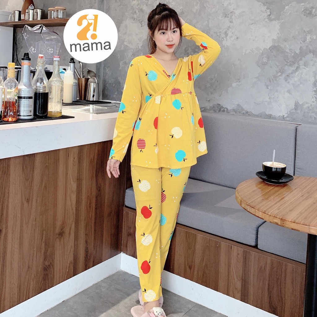 Đồ bộ bầu sau sinh 2mama dài tay dễ thương chất thun co giãn v03 - ảnh sản phẩm 1