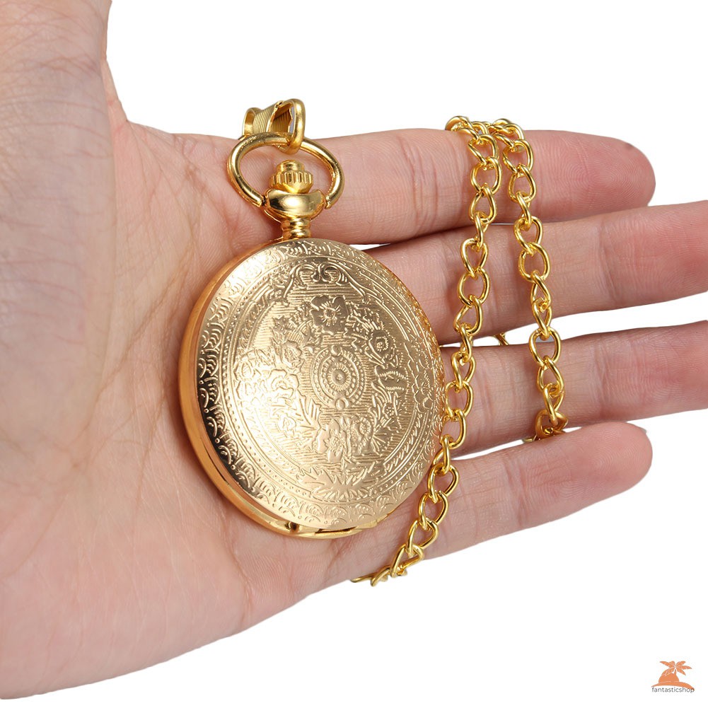 #Đồng hồ bỏ túi# 1pc Men Women Quartz Pocket Watch Golden Carved Pattern Case with Chain