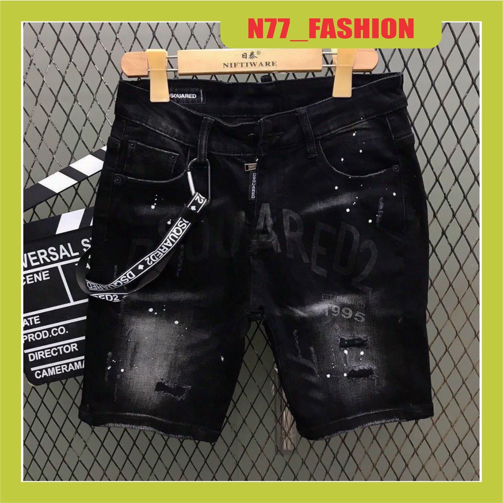 Quần short jean nam cao cấp đen rách phối họa tiết chất bò cao dãn mẫu mới nhất cao cấp N77 FASHION