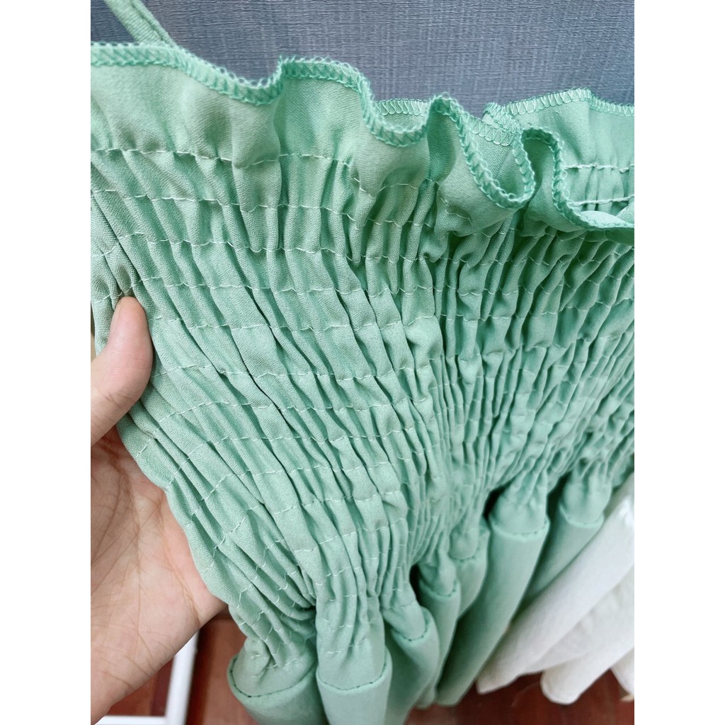 V001 Váy hai dây xanh trắng voan bèo buộc nơ vai chun eo đẹp dạo phố dự tiệc đi biển Đầm ngủ 2 dây gợi cảm hè thu xòe
