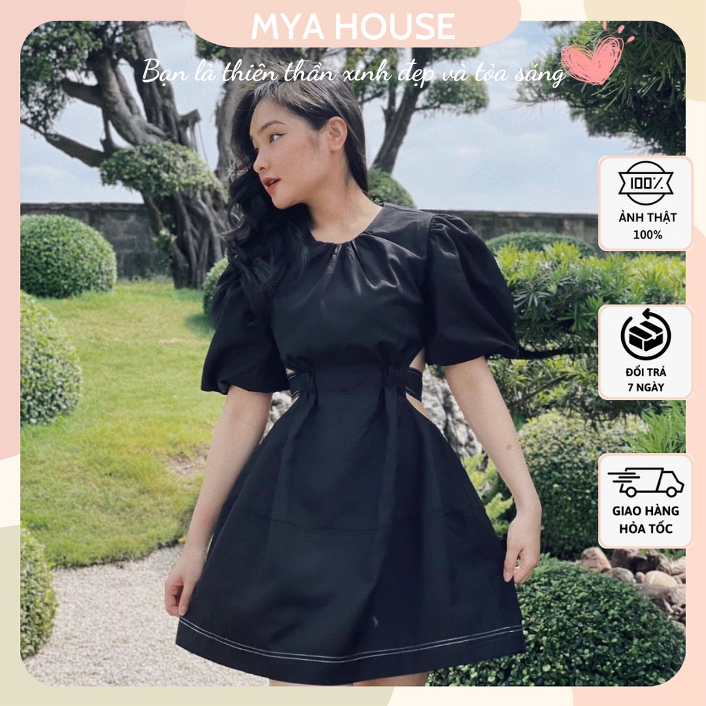 Đầm đen ANNA DRESS thiết kế cut-out hở lưng sexy phần eo bo chun co giãn sau lưng thắt nơ có lót trong chất kaki chéo