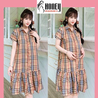Đầm Bầu Váy Bầu Sơ Mi Mùa Hè Kẻ Caro Dáng Đuôi Cá Công Sở Lịch Sự Đi Chơi HD2855 Honey Mommy