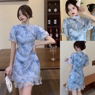 [SẴN] Sườn xám cách tân hoa nhí xanh dáng đuôi cá. Váy voan tay bồng có bigsize