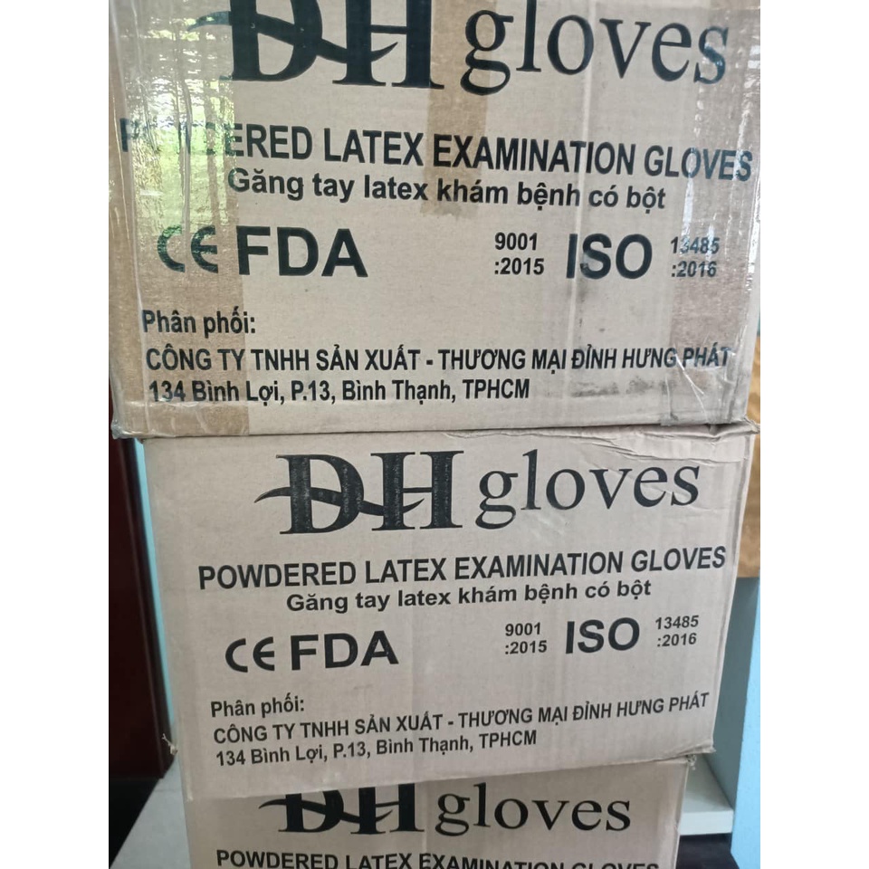 Găng tay latex có bột khám bệnh DHglove size M  và S, màu trắng - thùng 10 hộp, hộp 100 cái