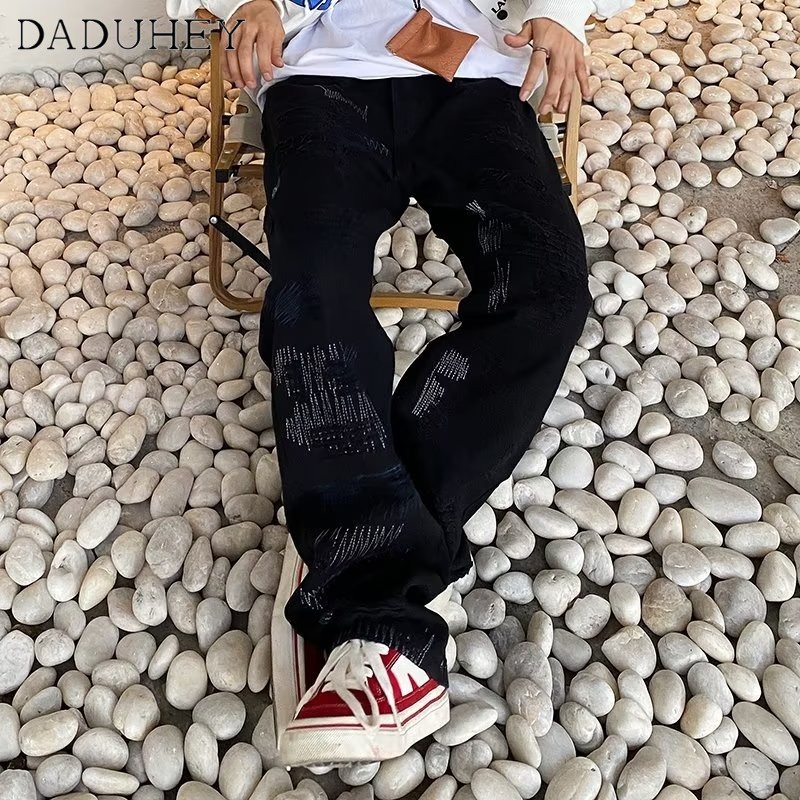 DaDuHey Men's Summer New 2022 Hong Kong Style Fashion Casual Pants Hip Hop Cool Ins Trendy High Street Fashionable Jeans