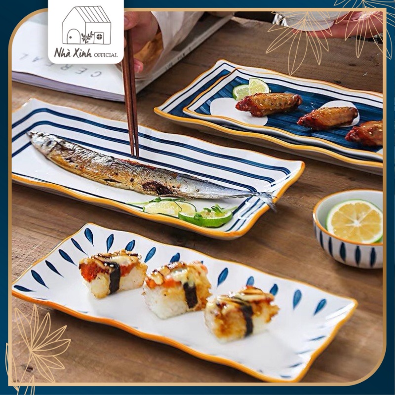 Đĩa sứ đẹp / Dĩa ăn / dĩa hoa quả /đựng thức ăn hình chữ nhật màu xanh lam phong cách Nhật độc đáo, bát đĩa Nhật 7.1.4