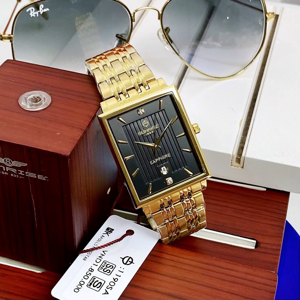 Đồng hồ nam Sunrise chính hãng mặt vuông dây thép, kính sapphire, chống nước mức cao nhất đi bơi được, mã SU1190