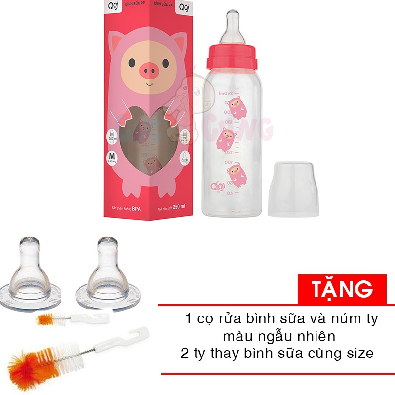 Combo Bình sữa AGI Premium cổ thường 250ml + 1 cọ rửa bình sữa và núm ty tặng 2 ty bình sữa cùng size