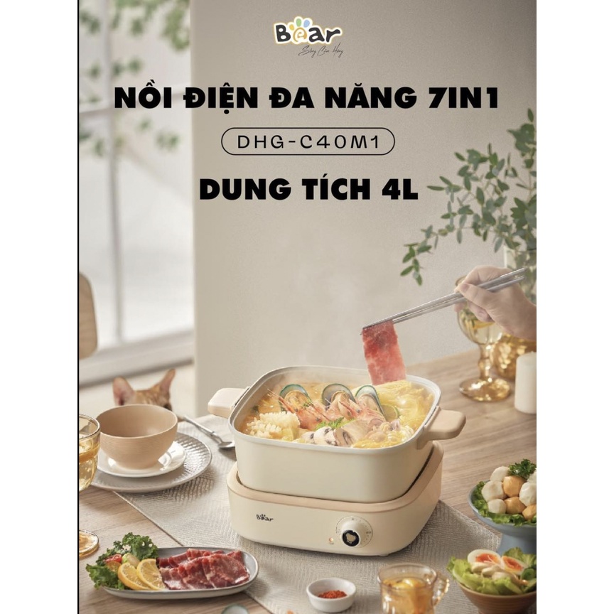 Nồi Lẩu Điện Đa Năng Bear 7 trong 1 Chống Dính Cao Cấp, Nấu Lẩu Thịt Nướng Tiết Kiệm Điện DHG-C40M1