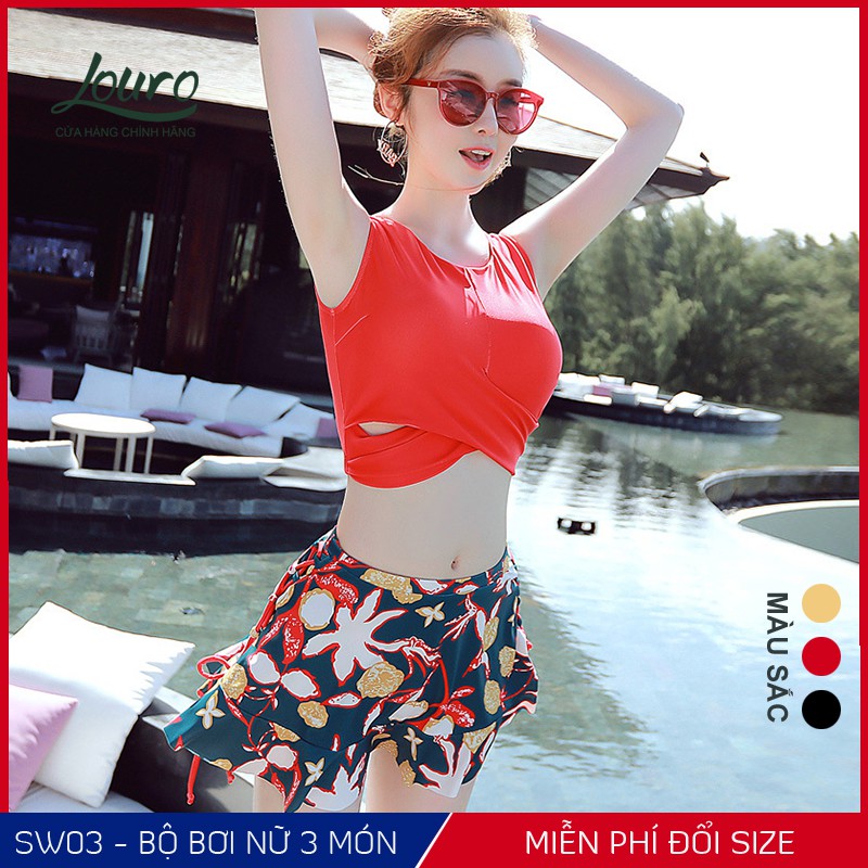 Bikini đi biển kín đáo 3 món Louro, gồm áo bơi nữ tay ngắn thắt và 2 quần váy bơi phong cách đồ bơi hàn quốc - SW03