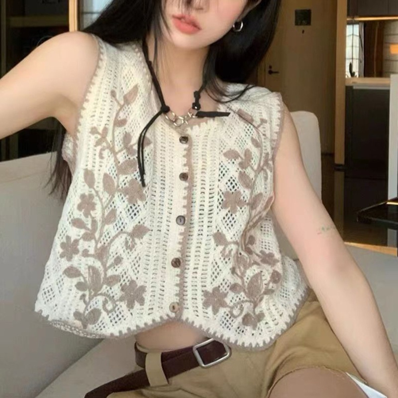 Áo Croptop Dệt Kim Không Tay Cổ Chữ V Dáng Rộng Thêu Hoa Phối Nút Thời Trang Cho Nữ