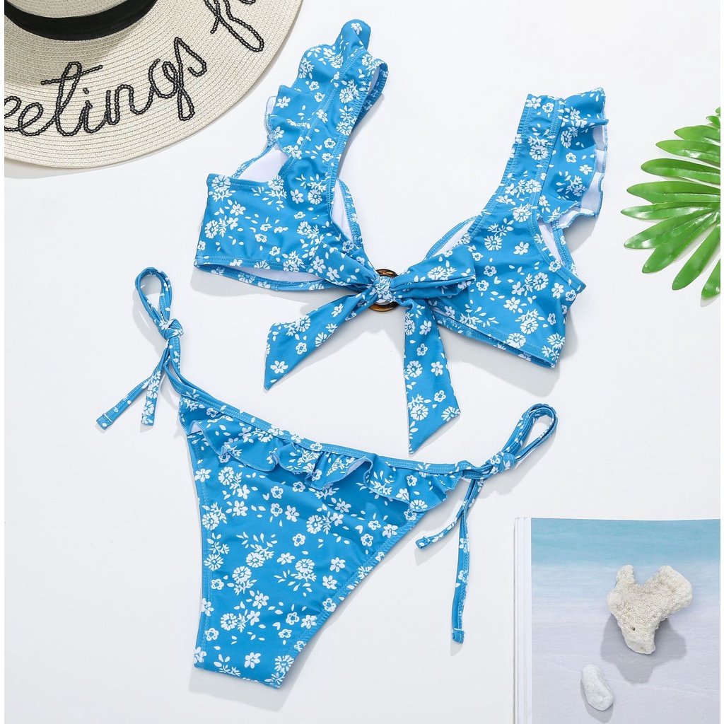 Bộ Bikini Hai Mảnh Trễ Vai In Hoa Màu Cà Phê / Xanh Dương Có Gọng Kim Loại Cho Nữ | BigBuy360 - bigbuy360.vn