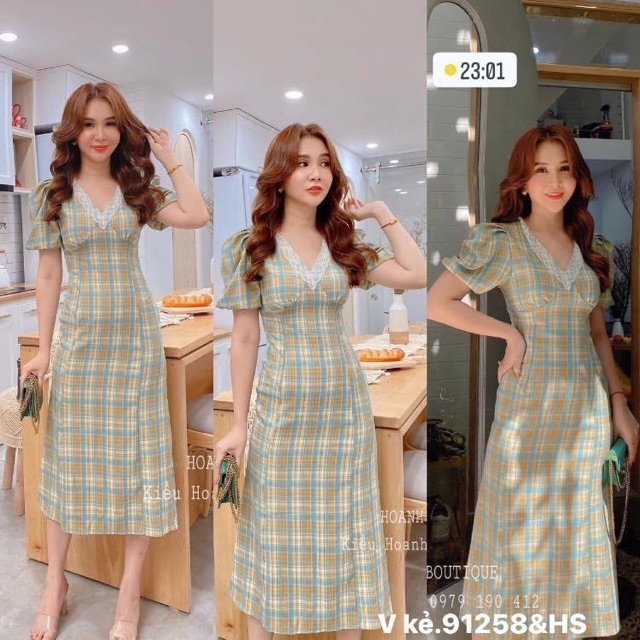 Váy kẻ xanh Cổ V ren - HS