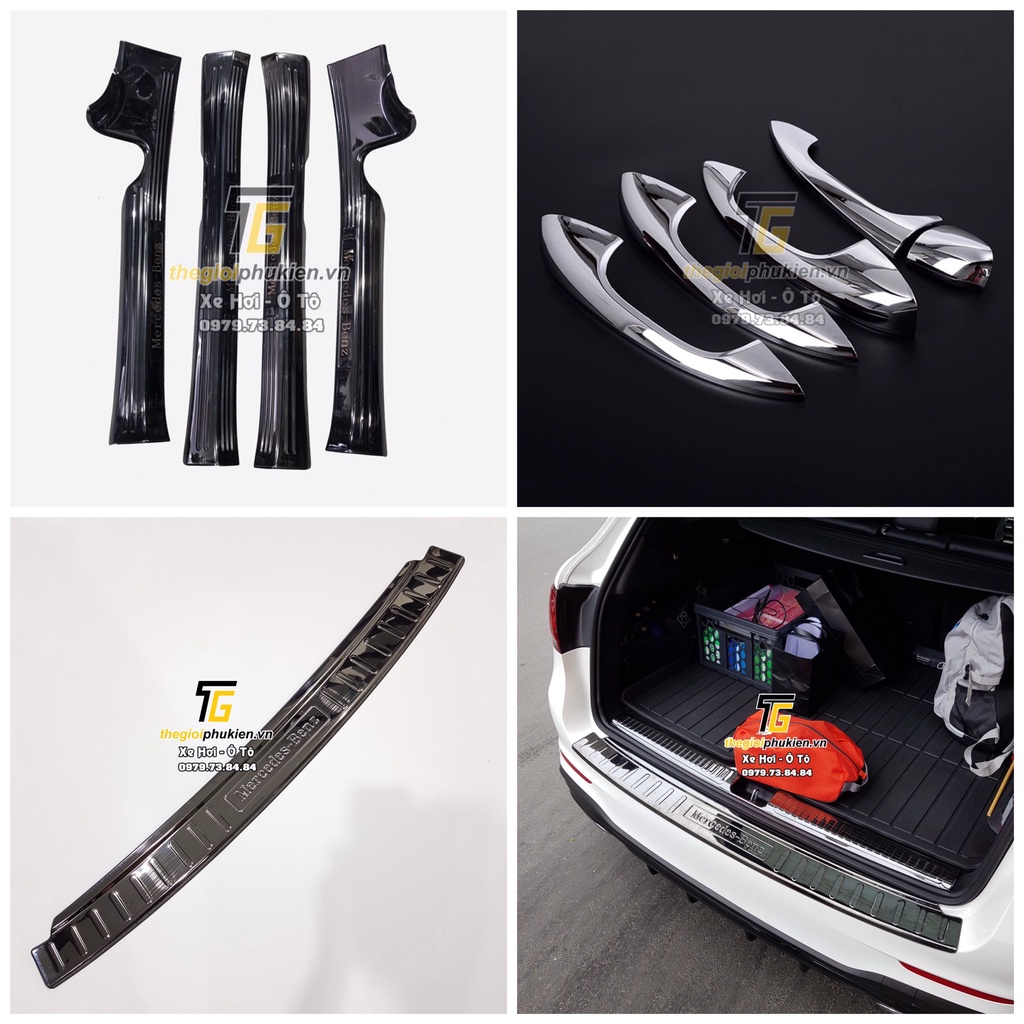 Combo phụ kiện Mercedes GLC200, GLC250, GLC300 - Ốp tay nắm cửa, ốp bậc cửa titan bên trong, ốp bậc cốp titan bên ngoài