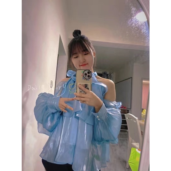 Áo Voan Hở Vai Tay Bèo Nơ Cổ Vải Voan Lụa Organza Óng