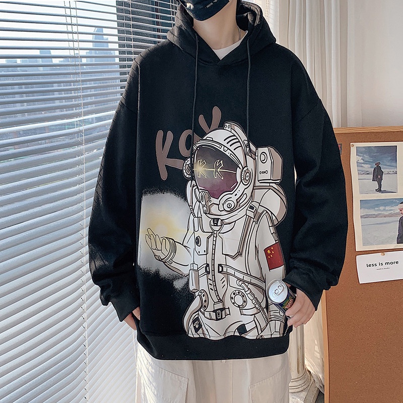 Áo hoodie dáng rộng in họa tiết phi hành gia phong cách Hong Kong thời trang dành cho nam