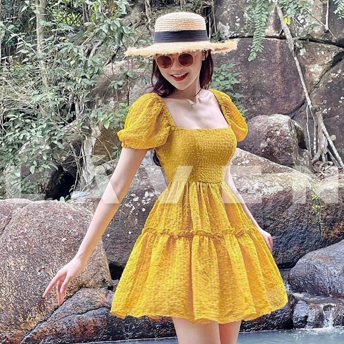 Đầm xòe tay phồng rút dây lưng tiểu thư chất xốp chỉ thái siêu đẹp_vay xop xoe