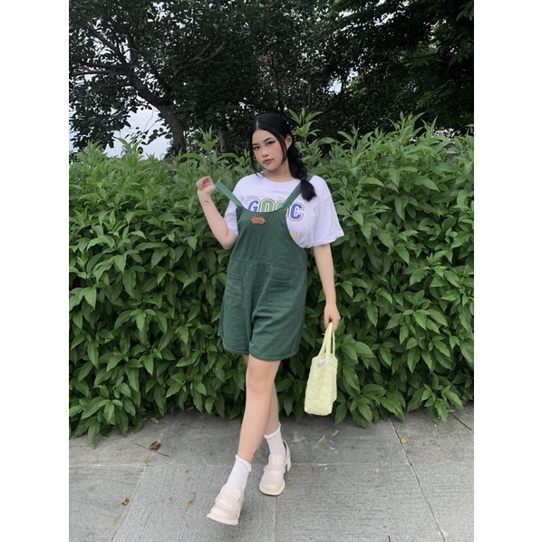 Yếm jean big size nữ xanh lá ống rộng