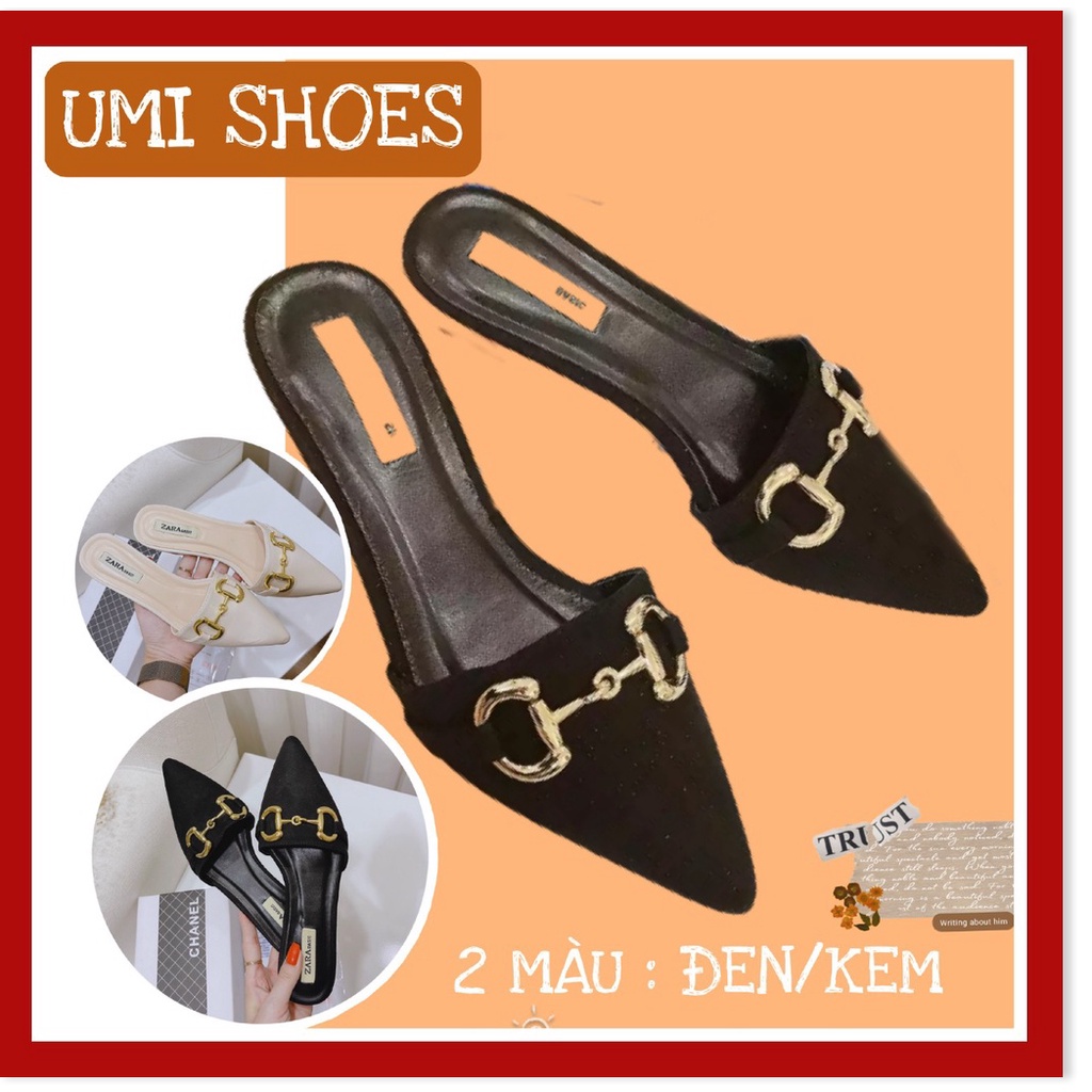 💖 Giày sục nữ mũi nhọn 2 màu đen/kem khóa xích hot trend sang chảnh nhẹ nhàng đi lê đế bệt mới xinh đẹp đơn giản