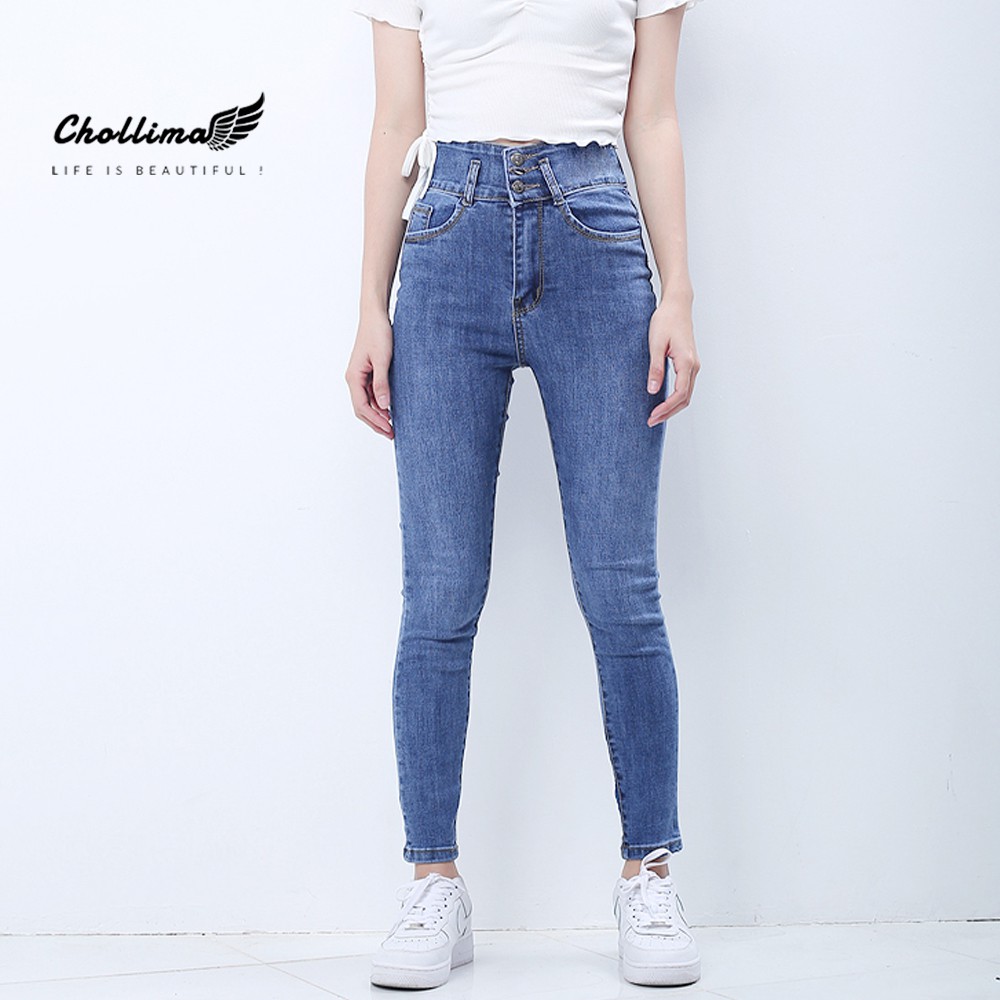 Quần jeans dài nữ co giãn Chollima cạp thường lưng lớn màu xanh nhạt trơn trẻ trung năng động QD037