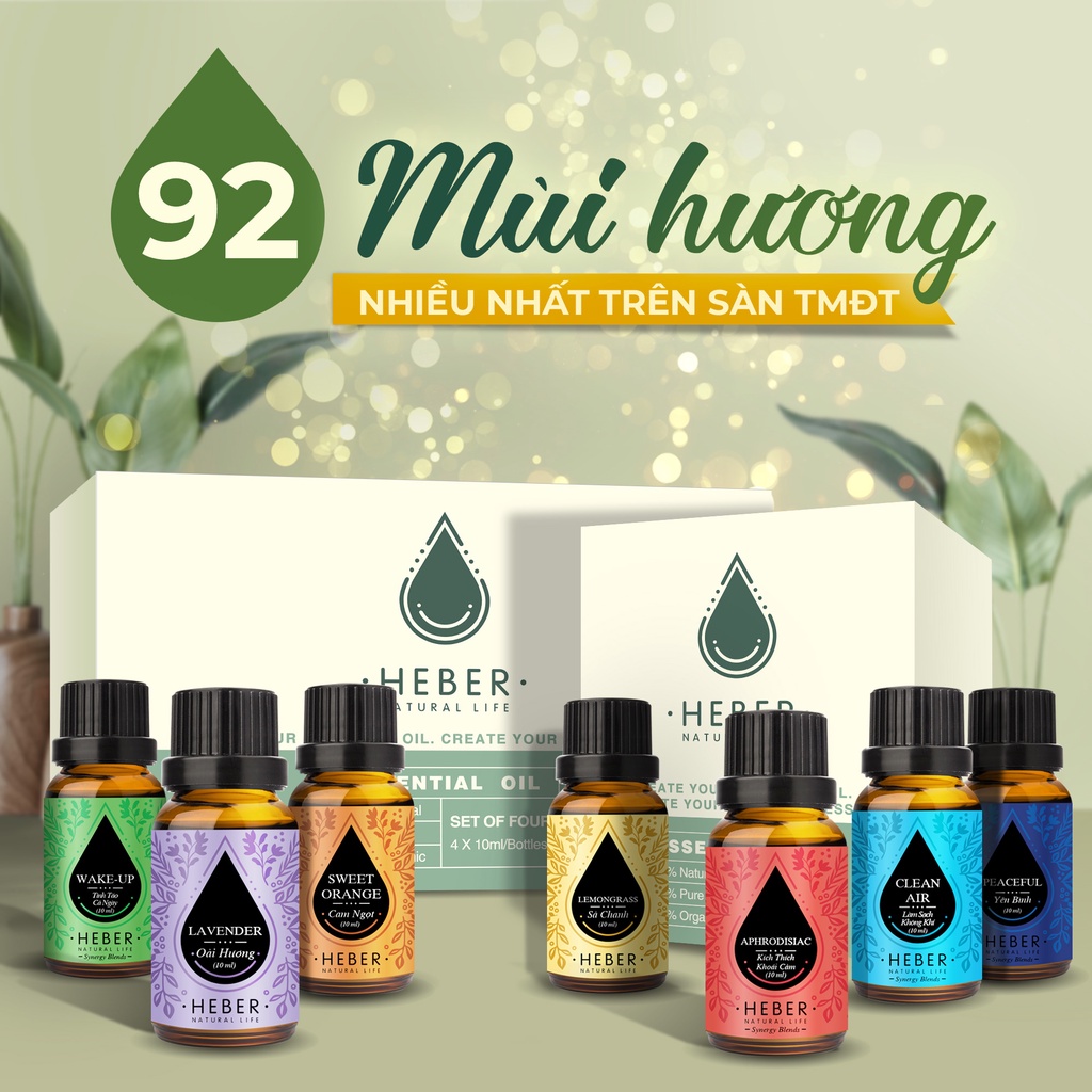 (92 loại) Tinh Dầu Thơm Phòng Heber Natural Life 10ml, Cao Cấp Nhập Khẩu, Thiên Nhiên Nguyên Chất, Kiểm Nghiệm Quatest 3