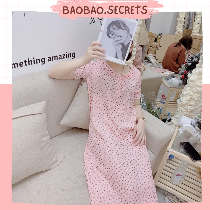 Váy ngủ pijama ngữ tay ngắn mặc nhà xinh xỉu, váy họa tiết đáng yêu chất đũi hàn cao cấp