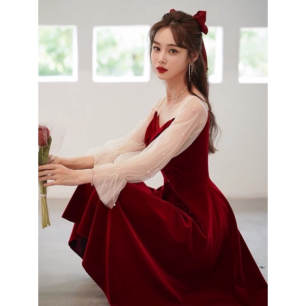 ⚡️ĐẦM NHUNG⚡️Đầm nhung đỏ phối tay voan