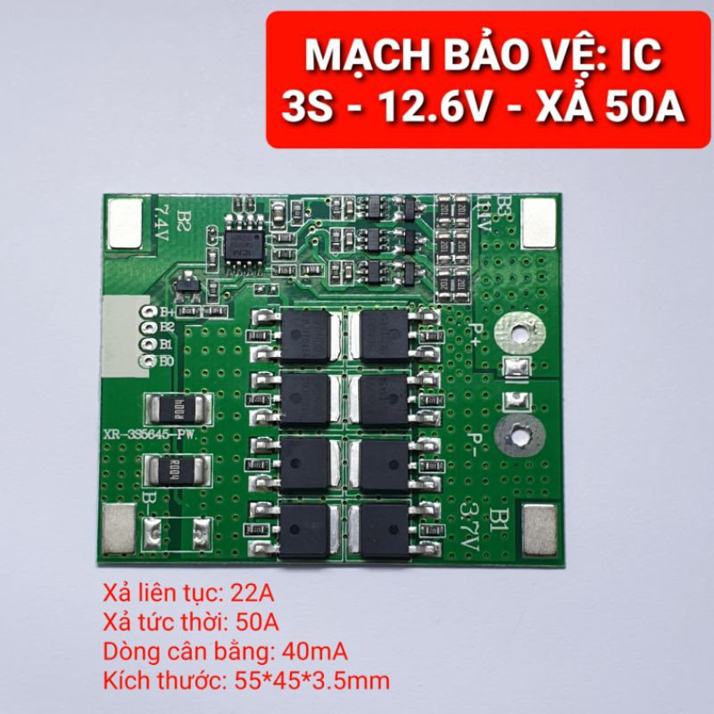 Achun.vn - MẠCH BẢO VỆ PIN 3S-12.6V XẢ 40A/50A/65A CÓ NGẮT QUÁ DÒNG VÀ XẢ QUÁ MỨC