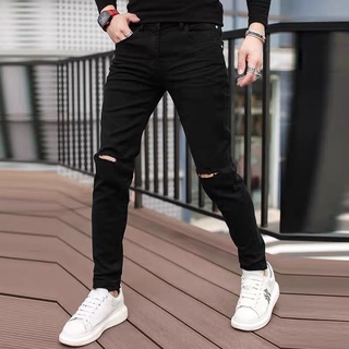 Quần jean nam đen rách gối dáng skinny, quần bò vải co giãn 4 chiều hàn quốc Shopbojin